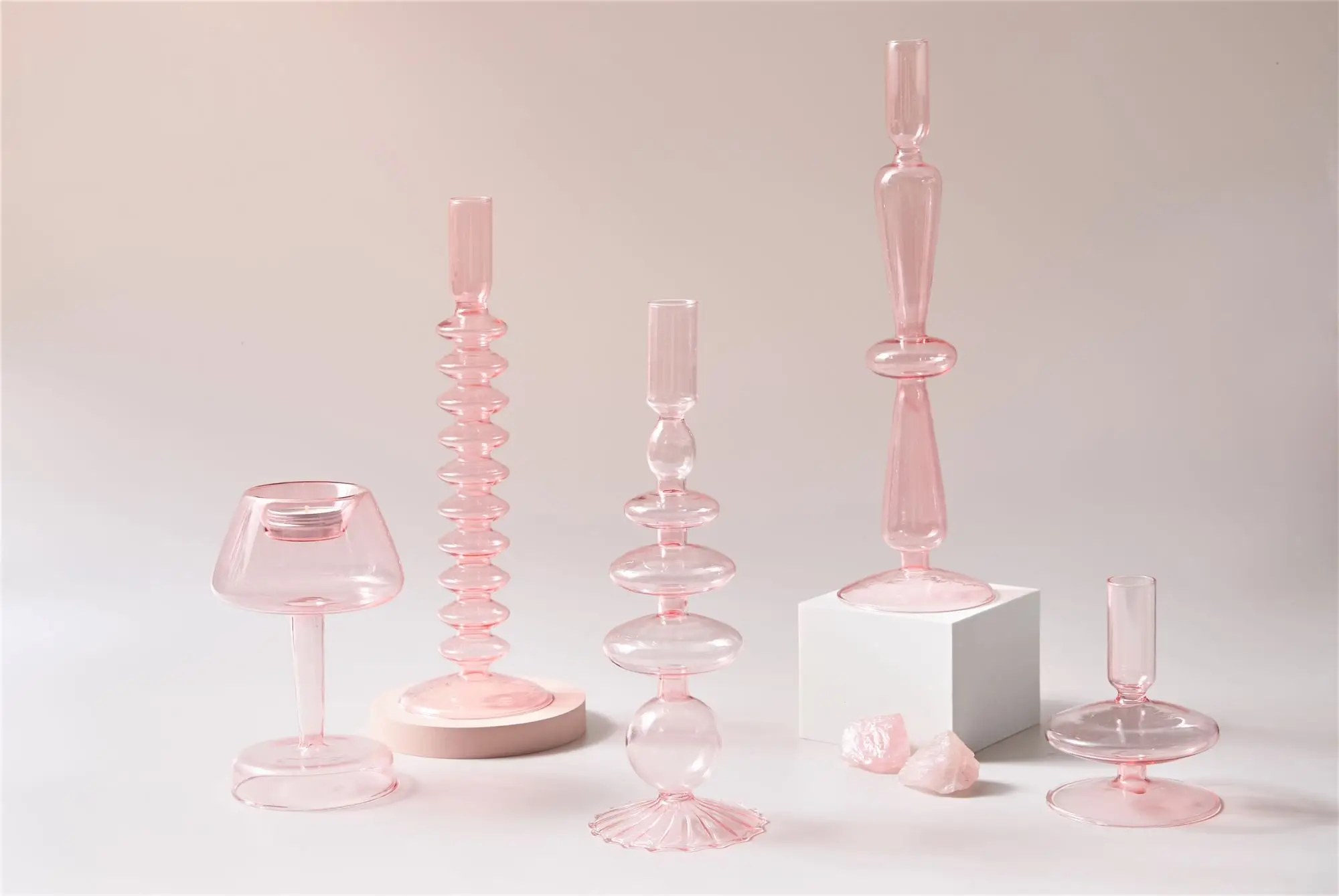 Pink Glass Curved Candle Holders