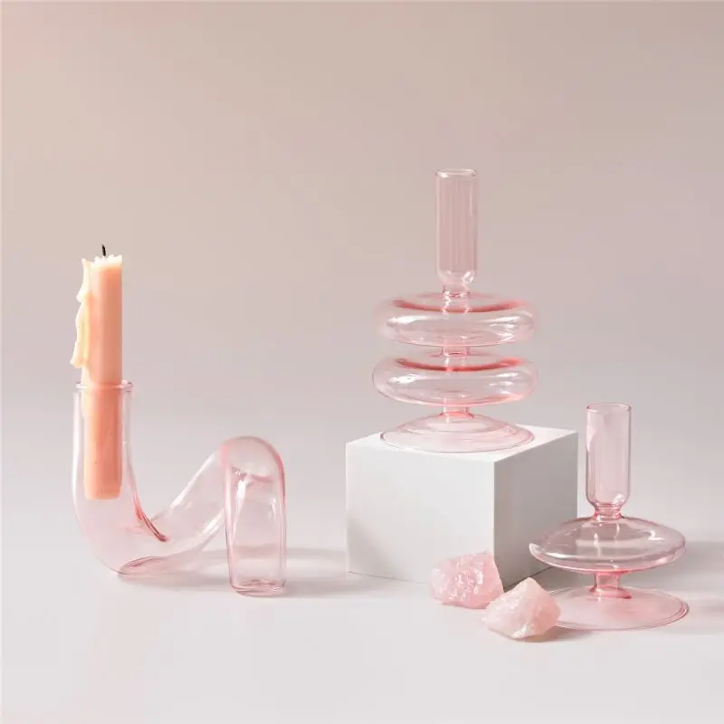 Pink Glass Curved Candle Holders