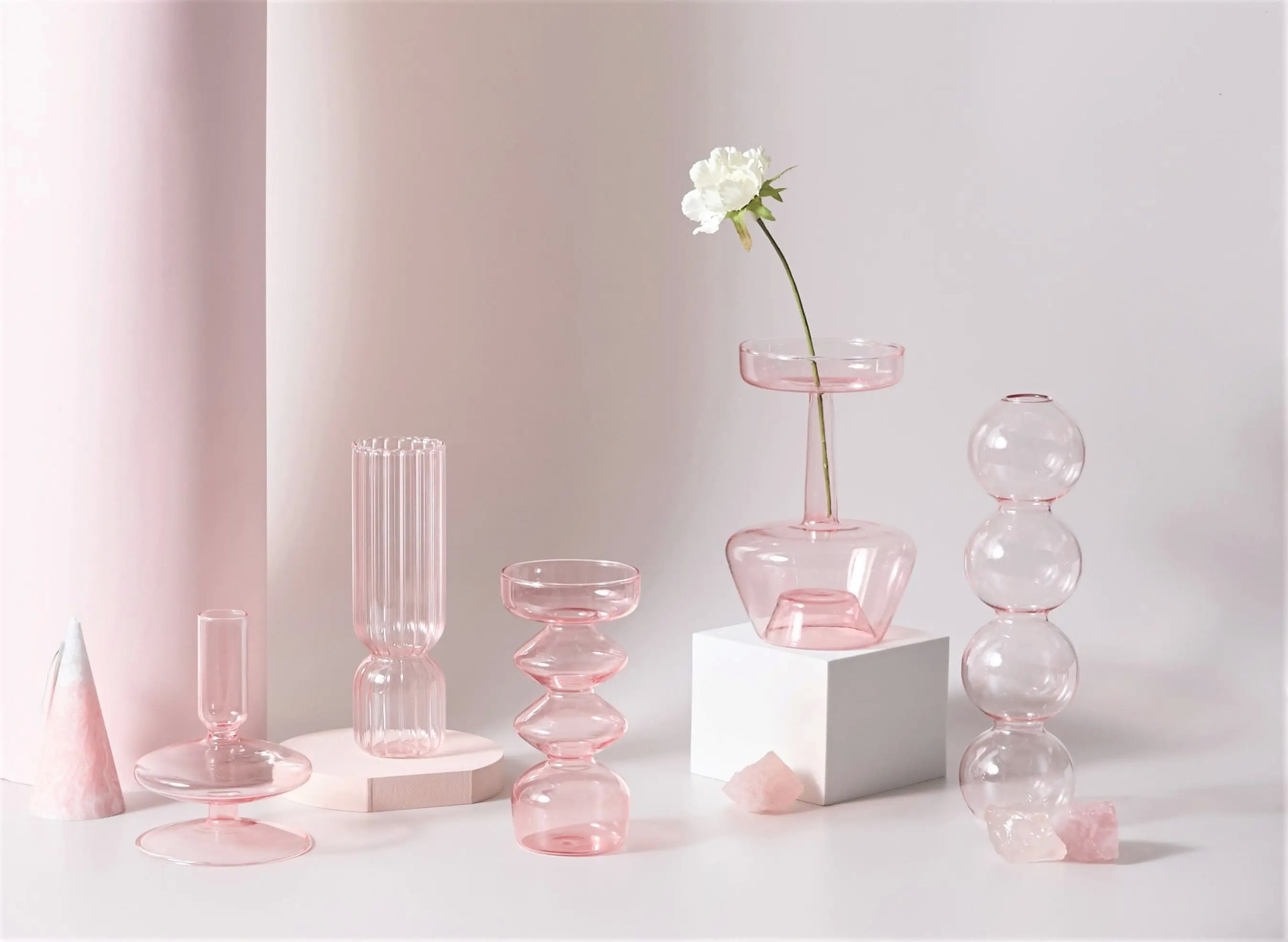 Pink Glass Curved Candle Holders