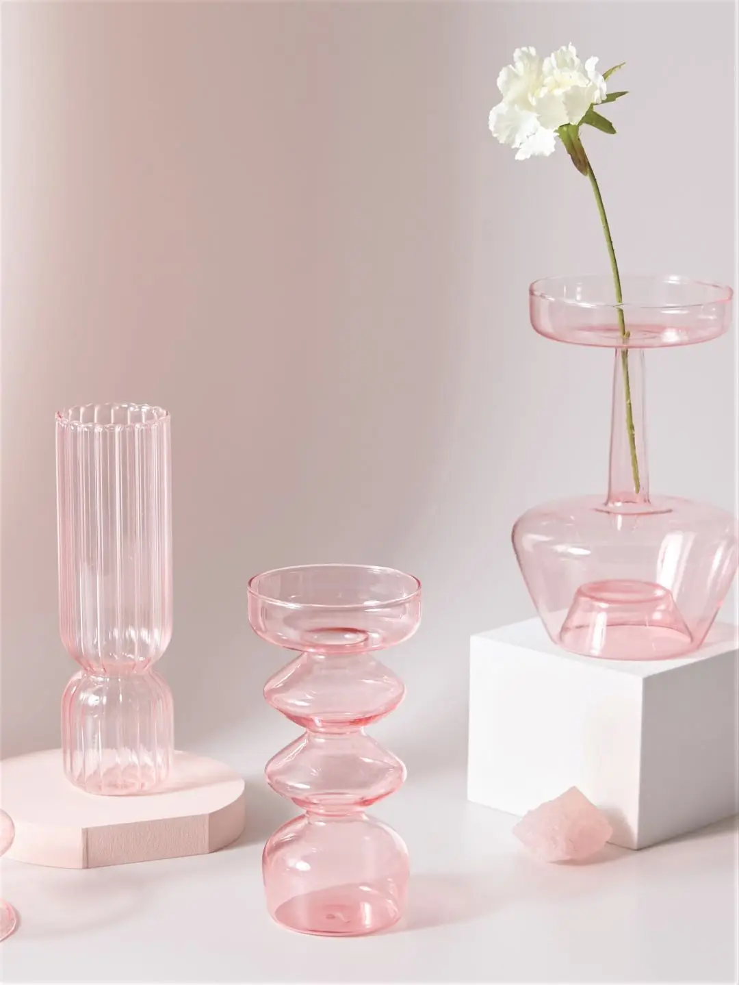 Pink Glass Curved Candle Holders
